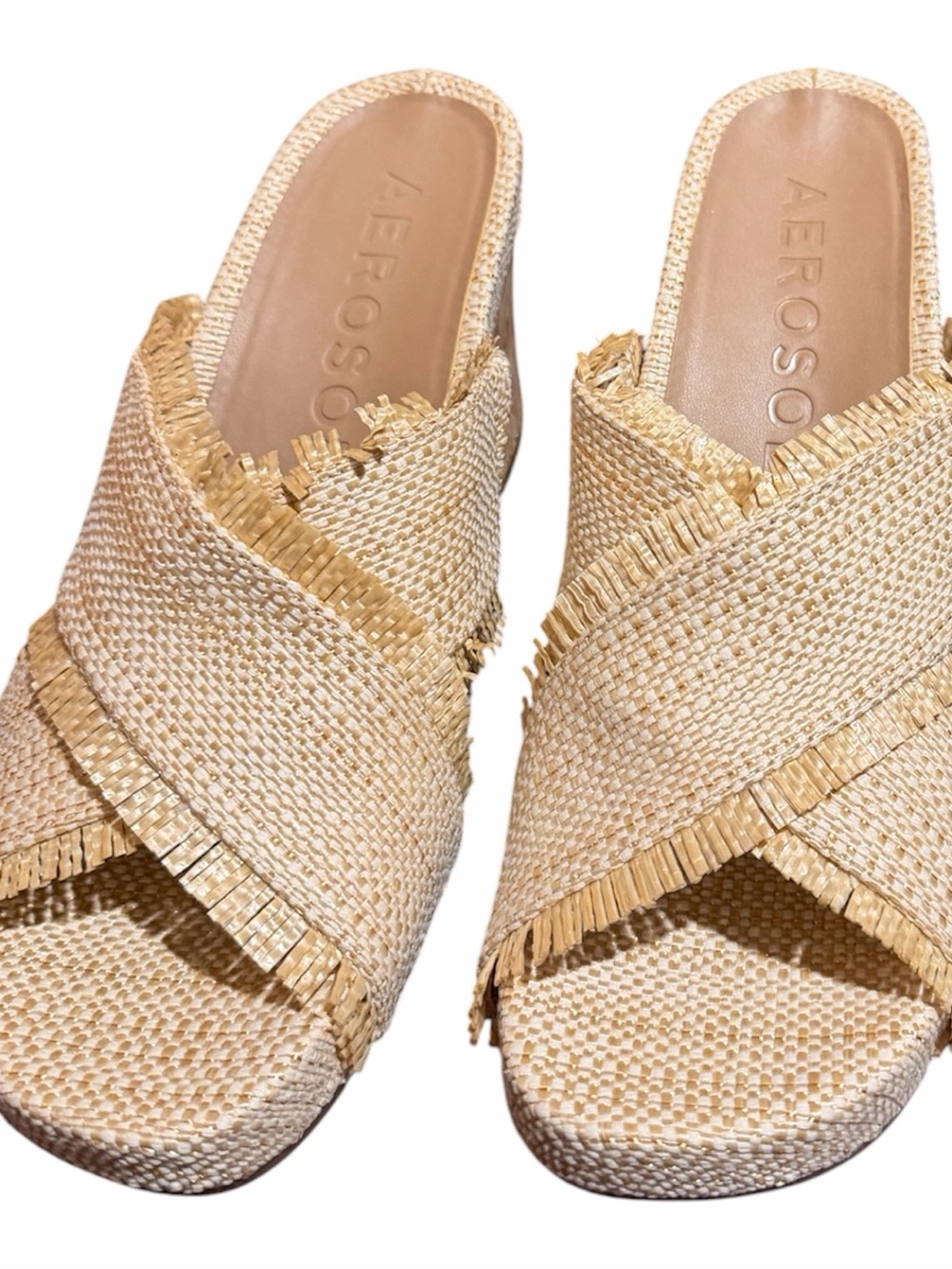 AEROSOLES Beige Woven Fringe Slide Wedge Heels size 9.5
